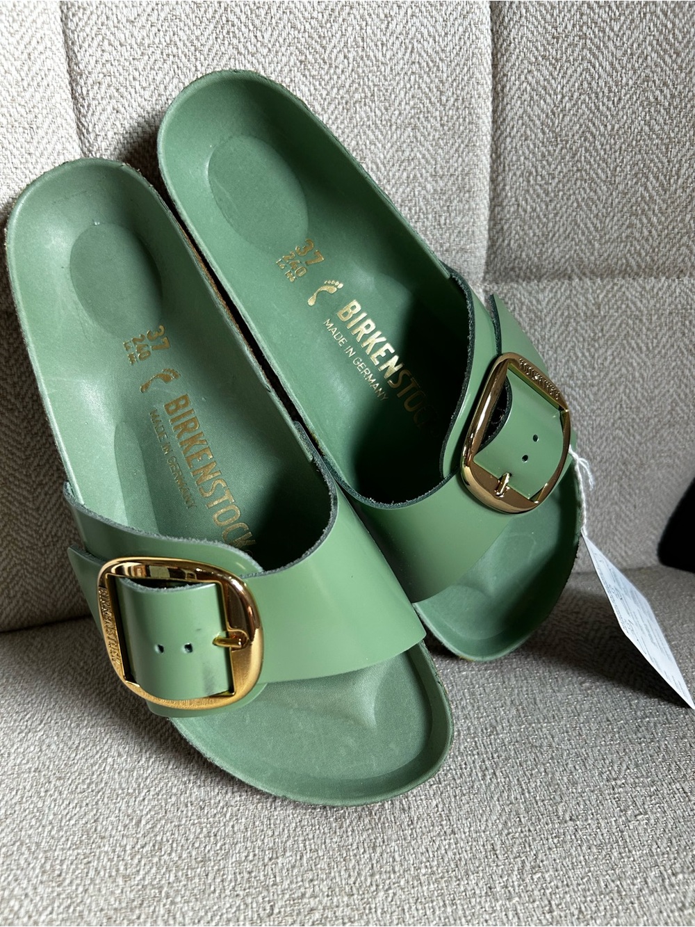 Birkenstock Madrid Big Buckle Slide in Sage Green with Gold tone Buckle